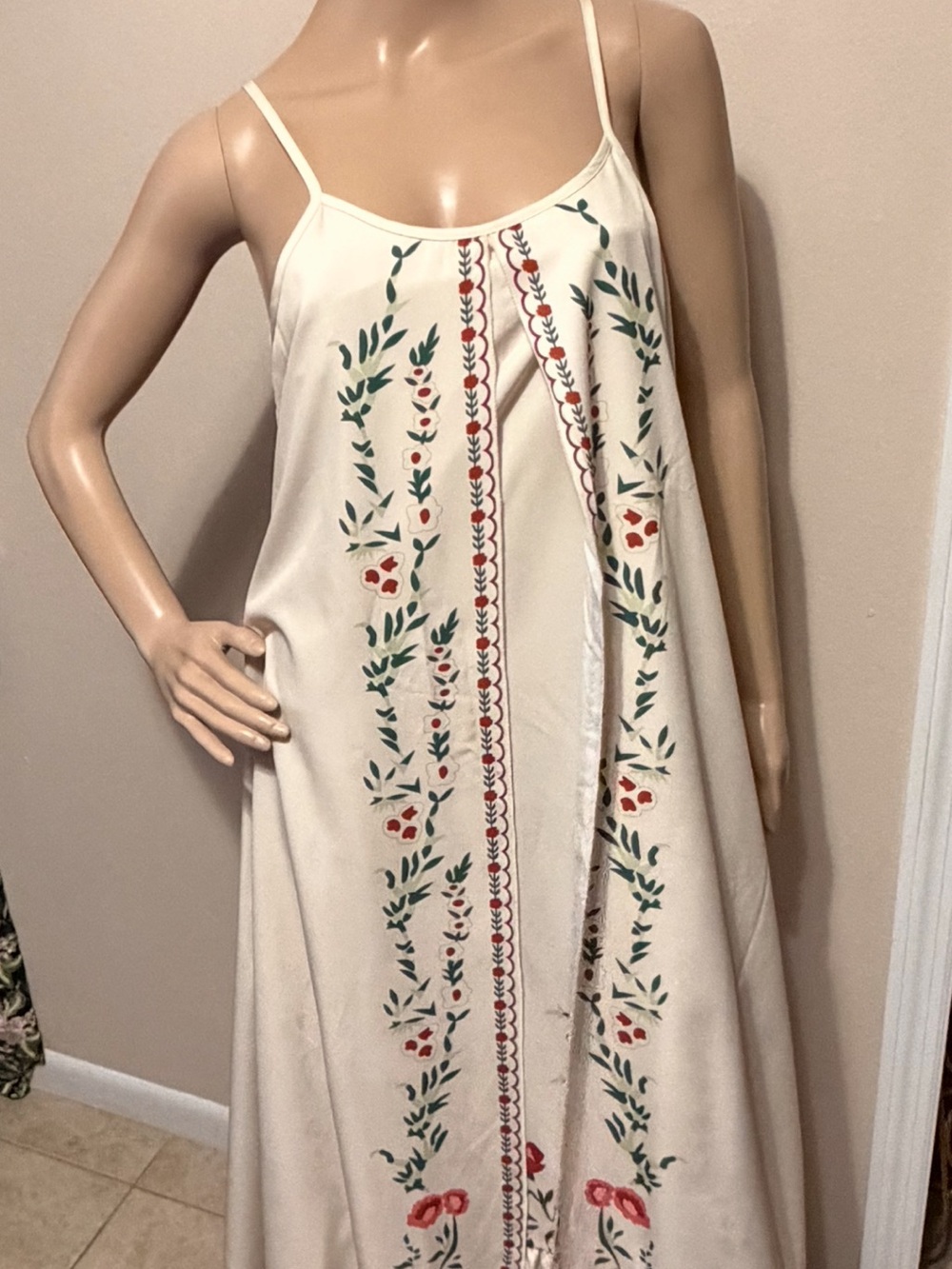 Sling Floral Boho White Floral Embroidered Maxi Dress with Spaghetti Straps